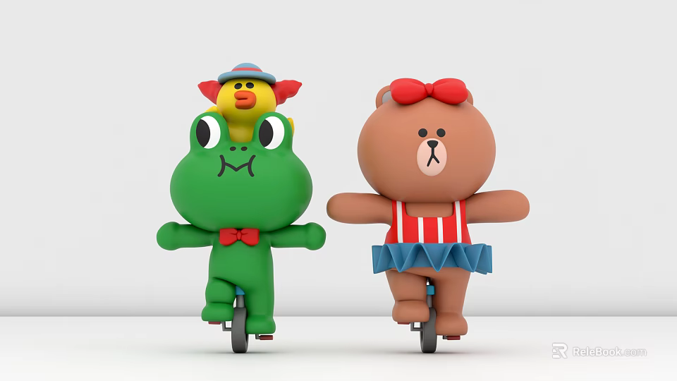 Plush Stuffed Toys Green Frog with Yellow Chick Brown Bear with Red Bow Riding Unicycles 3d model 