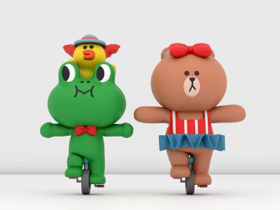 Plush Stuffed Toys Green Frog with Yellow Chick Brown Bear with Red Bow Riding Unicycles 3d model