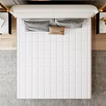 Comfortable White Striped Mattress In Modern Bedroom With Light-colored Headboard Nightstands Soft Carpet And Decorative Rings
