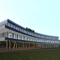 Modern School Building With Curved White Exterior Blue Accents Yellow Pillars And Glass Windows