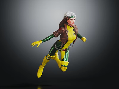 White Haired Female Superhero Character Flying In Yellow Green Costume With Brown Leather Jacket 3d model