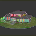Two Story Wooden House Exterior With Gray Roof Green Grass And Path
