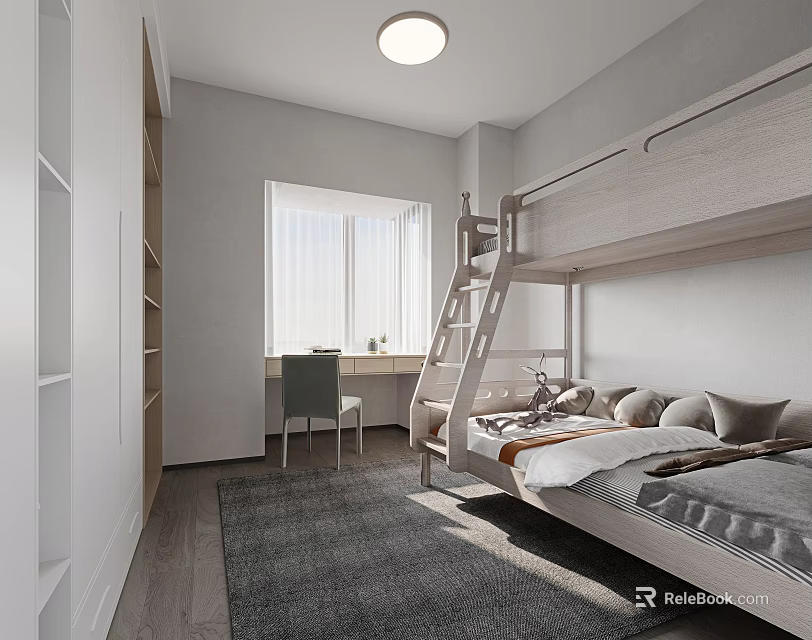 Minimalist Modern Kids Bedroom With Bunk Bed Desk Window And Storage 3d model 
