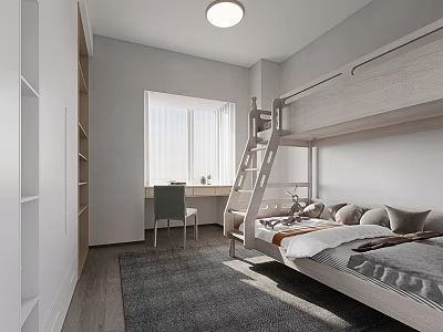 Minimalist Modern Kids Bedroom With Bunk Bed Desk Window And Storage 3d model
