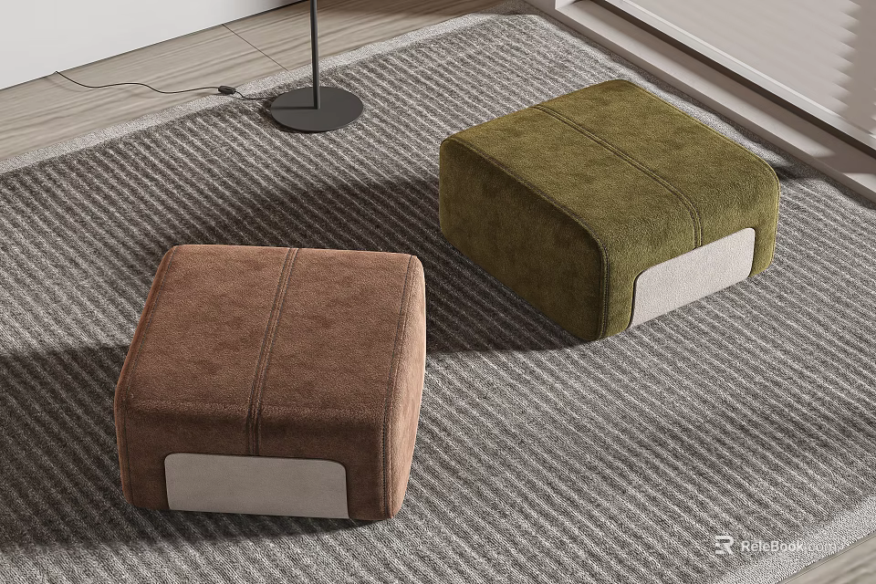 Brown And Green Upholstered Ottoman Footstools With Stitched Design On Gray Carpet 3d model 