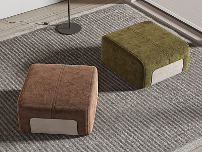 Brown And Green Upholstered Ottoman Footstools With Stitched Design On Gray Carpet 3d model