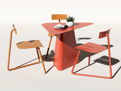 Modern Triangular Red Table With Orange Light Brown Chairs And Potted Plant Book 3d model