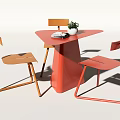 Modern Triangular Red Table With Orange Light Brown Chairs And Potted Plant Book 3d model