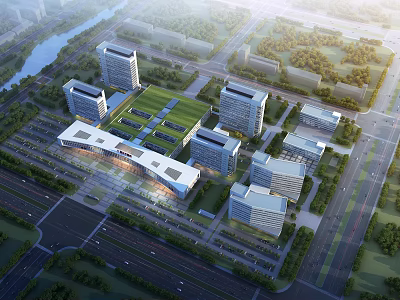 Modern Hospital Buildings With Green Roofs River Roads And Surrounding Green Spaces 3d model