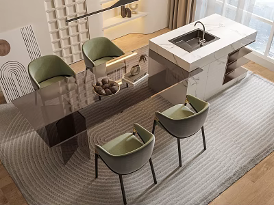 Modern Luxury Dining Table Set With Green Chairs Marble Top And Metal Frame 3d model