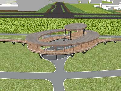 Modern Circular Architectural Structure With Walkway On Green Lawn And Roads 3d model