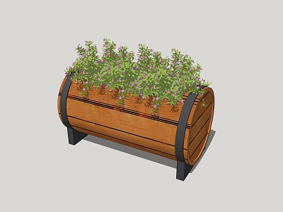 Wooden Barrel Shaped Flower Planter With Green Plants And Purple Flowers On Black Metal Stands 3d model