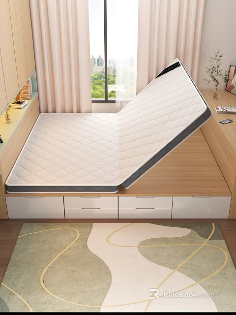 Lifted Mattress Showing Underbed Storage Drawers On Wooden Bed Frame With Window Curtains And Rug 3d model 