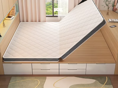 Lifted Mattress Showing Underbed Storage Drawers On Wooden Bed Frame With Window Curtains And Rug 3d model