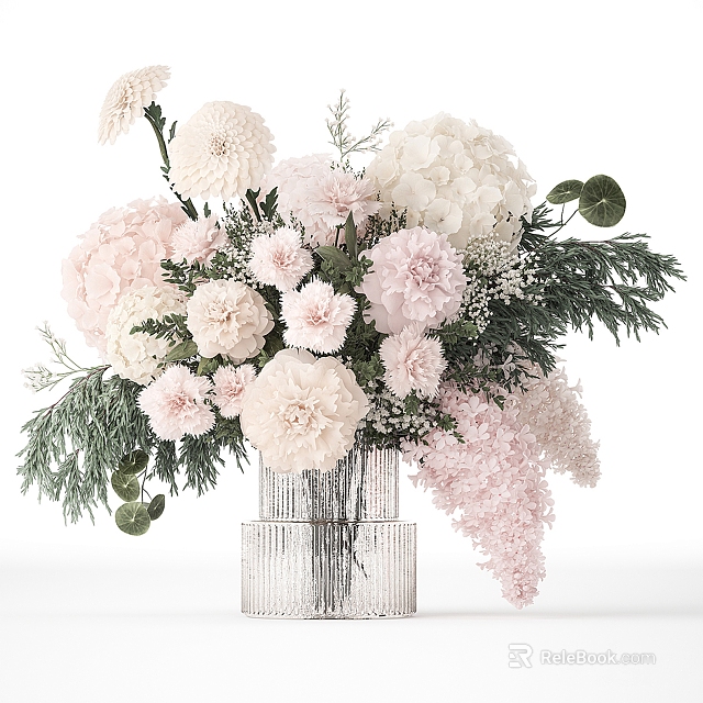 Elegant Floral Bouquet in Crystal Textured Vase with Pink Carnations White Hydrangeas and Green Foliage 3d model 