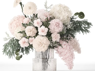 Elegant Floral Bouquet in Crystal Textured Vase with Pink Carnations White Hydrangeas and Green Foliage 3d model