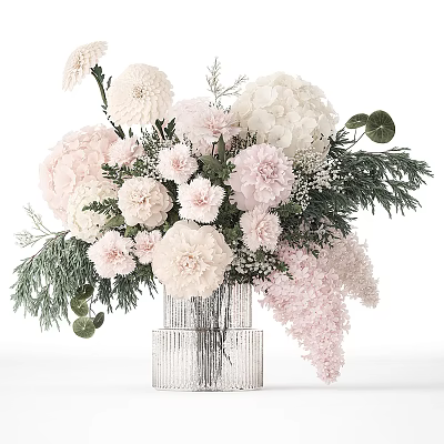 Elegant Floral Bouquet in Crystal Textured Vase with Pink Carnations White Hydrangeas and Green Foliage 3d model