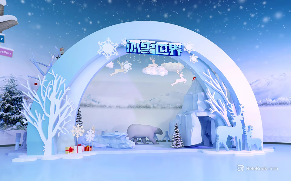 Winter Snow World Activity Gate With Polar Bear Reindeer And Snowflakes 3d model 