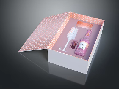 Open Pink Gift Box With Wine Glass Bottle And Small Items 3d model