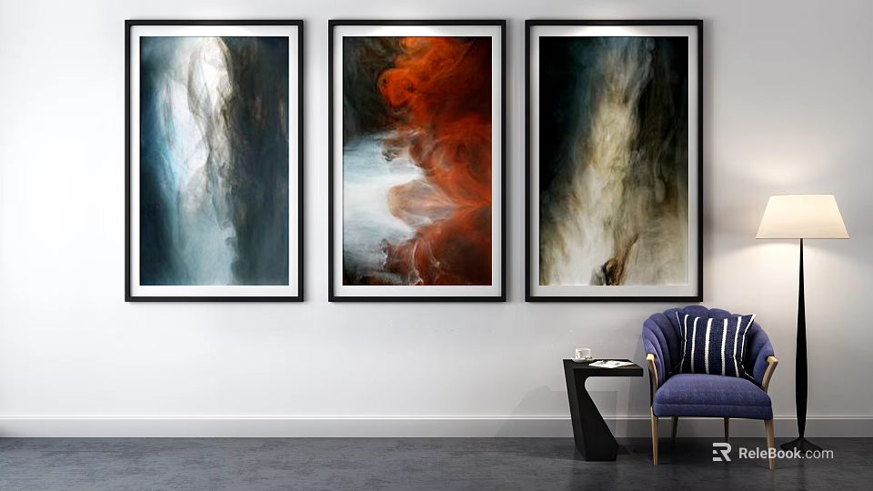 Three Abstract Paintings With Flowing Blue Red White Colors For Interior Wall Art 3d model 