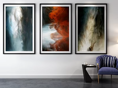 Three Abstract Paintings With Flowing Blue Red White Colors For Interior Wall Art 3d model