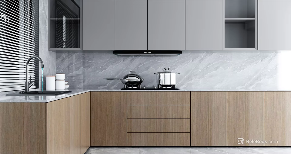 Modern Kitchen Interior With Gray Upper And Wooden Lower Cabinets Marble Countertop 3d model 