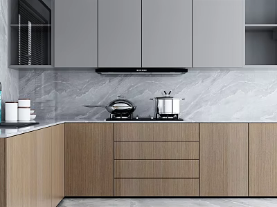 Modern Kitchen Interior With Gray Upper And Wooden Lower Cabinets Marble Countertop 3d model