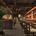 Japanese Ramen Restaurant Interior With Wooden Tables and Stools Wheat Decorations Brick Wall Hanging Lanterns
