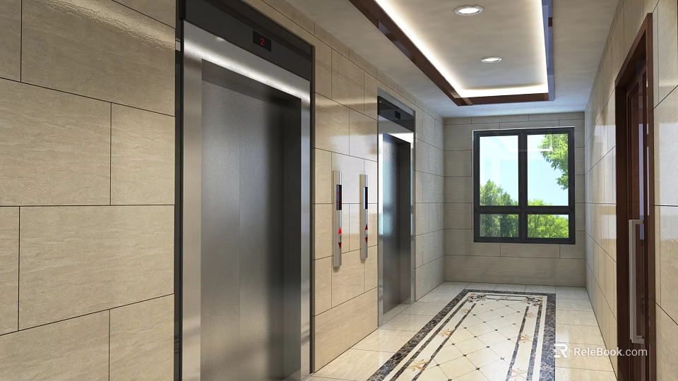 Elevator Hallway Interior With Tiled Walls Patterned Floor Ceiling Lighting And Window View 3d model