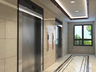 Elevator Hallway Interior With Tiled Walls Patterned Floor Ceiling Lighting And Window View 3d model