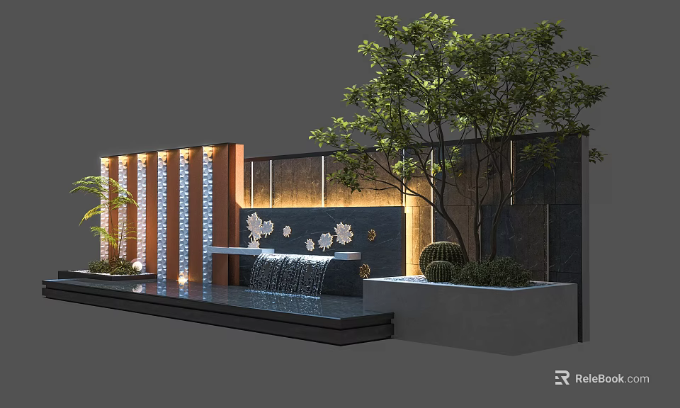 Modern Feature Wall Design With Water Feature Built In Lighting Green Plants And Stone Panels 3d model 