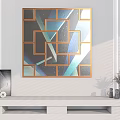 Geometric Abstract Wall Art With Gold Frame And Blue Gray Patterns On White Wall 3d model