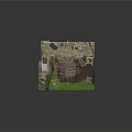 Cartoon Scene Of Rustic Thatched Roof Cottage With Green Grass Flowers And Wooden Ladder