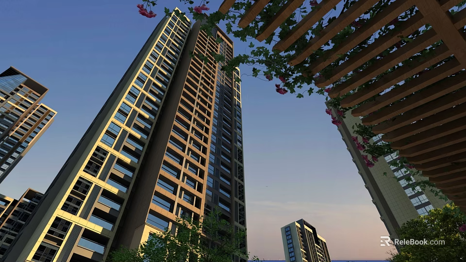 High rise Modern Residential Building With Lush Vines Flowers And Wooden Pergola Under Blue Sky 3d model 