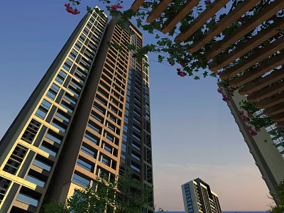 High rise Modern Residential Building With Lush Vines Flowers And Wooden Pergola Under Blue Sky 3d model
