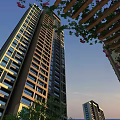 High rise Modern Residential Building With Lush Vines Flowers And Wooden Pergola Under Blue Sky