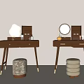 Two Wooden Dressing Tables With Mirrors Drawers And Stools With Decorative Items 3d model