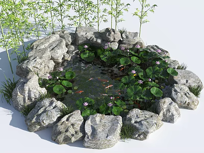 Rockery Stones Surrounding Pond With Lotus Leaves Flowers And Koi Fish Near Bamboo 3d model