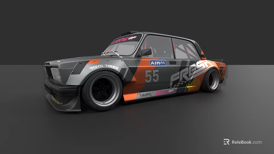 Gray and Orange Race Car with Number 55 ATIRA FR Sponsors and Racing Wheels 3d model 