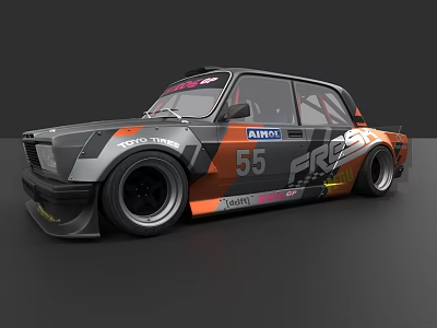 Gray and Orange Race Car with Number 55 ATIRA FR Sponsors and Racing Wheels 3d model