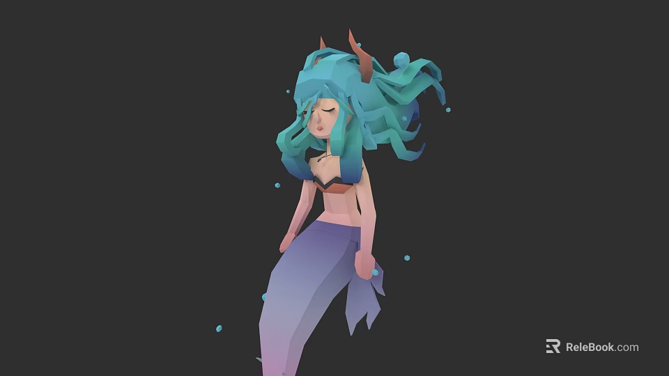 Mythical Woman With Blue Green Hair Horns Bikini Top Gradient Mermaid Tail And Blue Orbs 3d model 