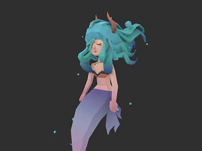 Mythical Woman With Blue Green Hair Horns Bikini Top Gradient Mermaid Tail And Blue Orbs 3d model