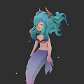 Mythical Woman With Blue Green Hair Horns Bikini Top Gradient Mermaid Tail And Blue Orbs