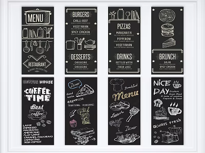 Chalkboard Restaurant Menu Designs With Burger Pizza Dessert And Brunch Sections 3d model