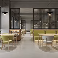 Modern Restaurant Interior With Green Seats Wooden Tables And Pendant Lights