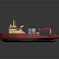 Cargo Ship with Red and Yellow Hull Equipped with Containers and Crane