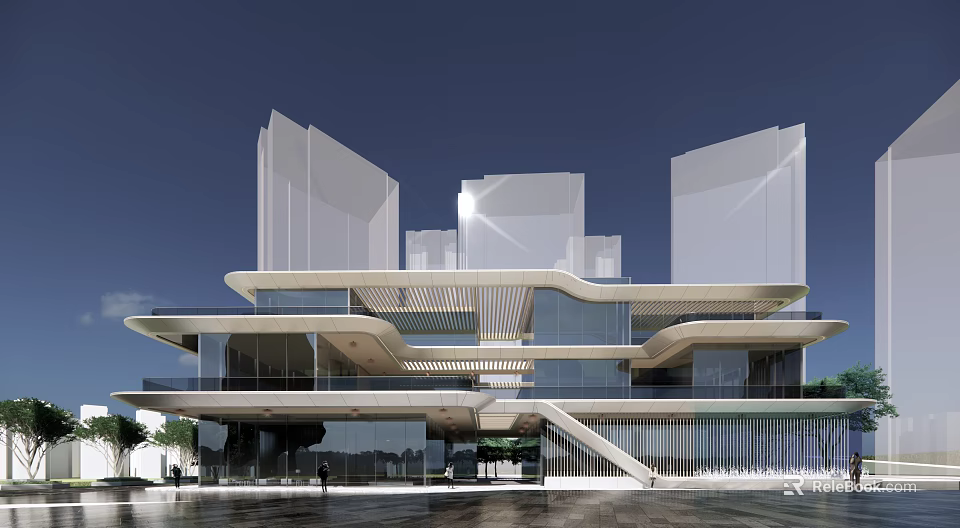 Modern Sales Office Building With Glass Curtain Wall Geometric Structure And Open Terrace Design 3d model 