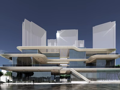 Modern Sales Office Building With Glass Curtain Wall Geometric Structure And Open Terrace Design 3d model
