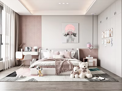 Kids Room Interior Design With Cozy Bed Pink Pillows Teddy Bears And Wall Art 3d model