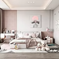 Kids Room Interior Design With Cozy Bed Pink Pillows Teddy Bears And Wall Art